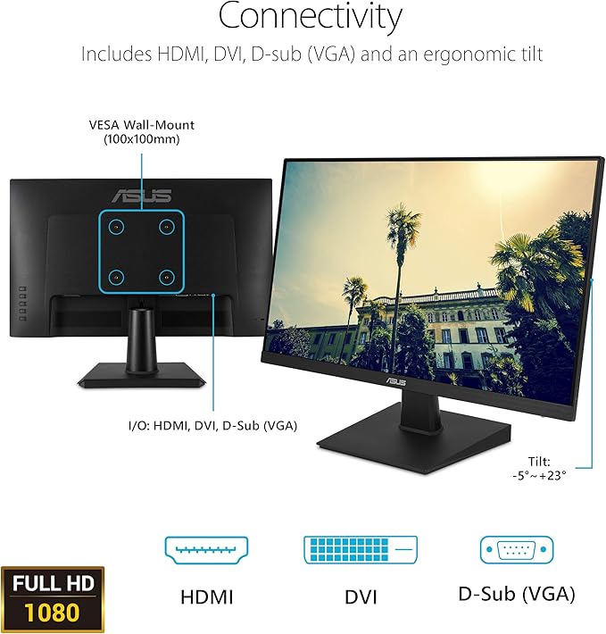 ASUS 24 Inch Desktop Monitor - 75Hz Full HD (1920x1080) IPS Frameless Adaptive-Sync Eye Care HDMI D-Sub DVI-D - VA24EHE
