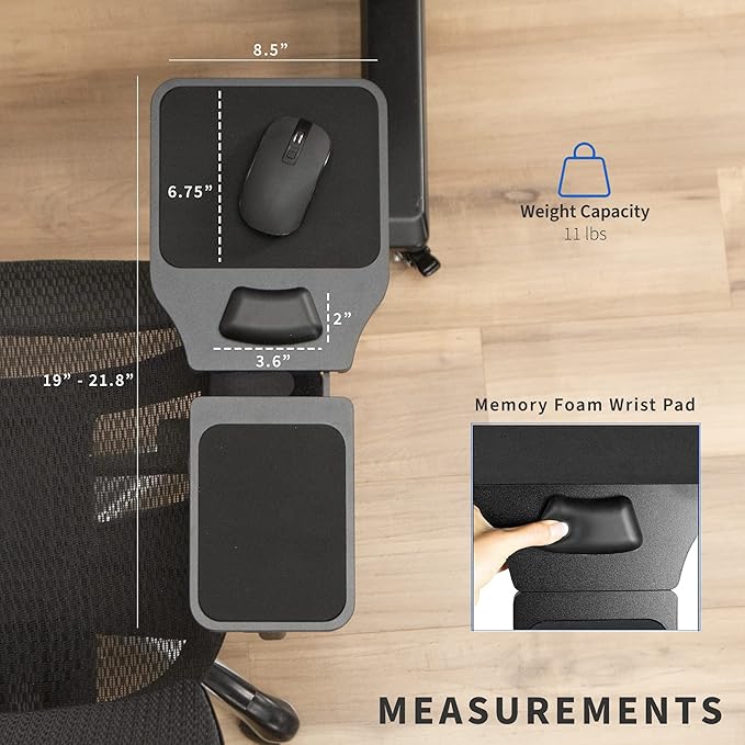 VIVO Wood Arm Rest Mouse Pad with Wrist Cushion Adjustable Length Support Platform Tray Chair Attachment Extension with Straps Black MOUNT-MS02D