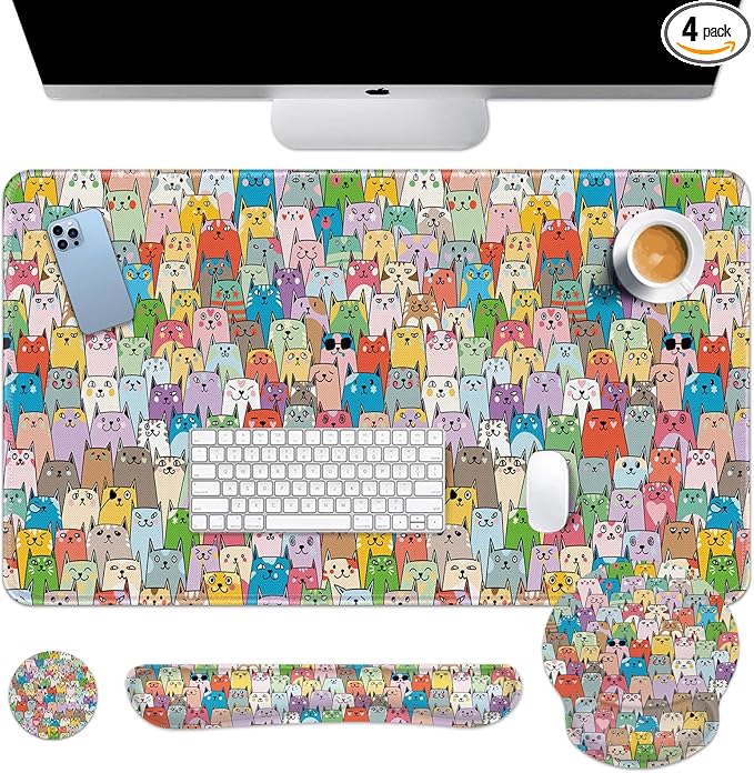 Arttown Cute Colorful Cats Desk Mat Animal Mouse Pad Set 4 in 1 Kawaii Ergonomic Design Large Desk Pad + Keyboard Wrist Rest + Mouse Wrist Rest + Coaster Suitable for Home Office Study Game