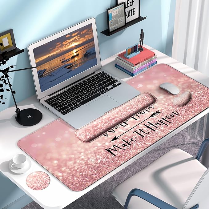 Keyboard Wrist Rest + Mouse Pad with Wrist Support + Desk Mat + Coaster 4 in 1 Set XXL Large Gaming Mousepad Cute Ergonomic Mouse Pads for Desk Computer Laptop Office Decor-Pink Words