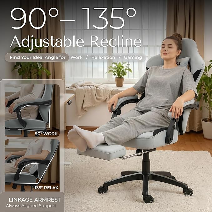 Gaming Chair Fabric with Pocket Spring Custion Ergonomic High Back Video Game Chair with Footrest Massage Lumbar Support Height Adjustable Comfy Computer Chair for Adults Game Office Gray