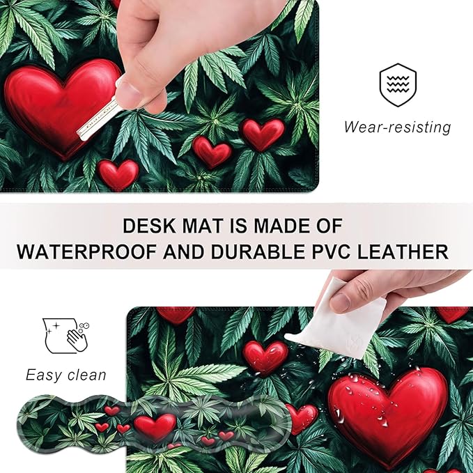 Mouse PadLarge Desk Mat Set 4in1 XL Mousepad + Keyboard Wrist Rest+Mouse Wrist Rest+Coaster with Ergonomic Desk Pad for Home Office Table Computer Cover -Leaves and Red Hearts
