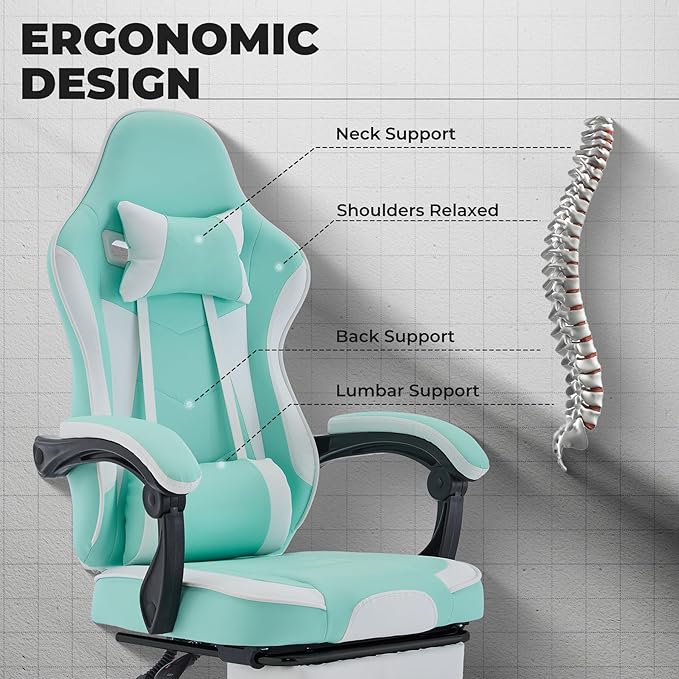 extrasleep Video Game Chairs Ergonomic Gaming Chair with Footrest Computer Chair Gaming with Massage Lumbar Support Reclining Office Chair with Height Adjustable Swivel Chairs 300lb Max Green