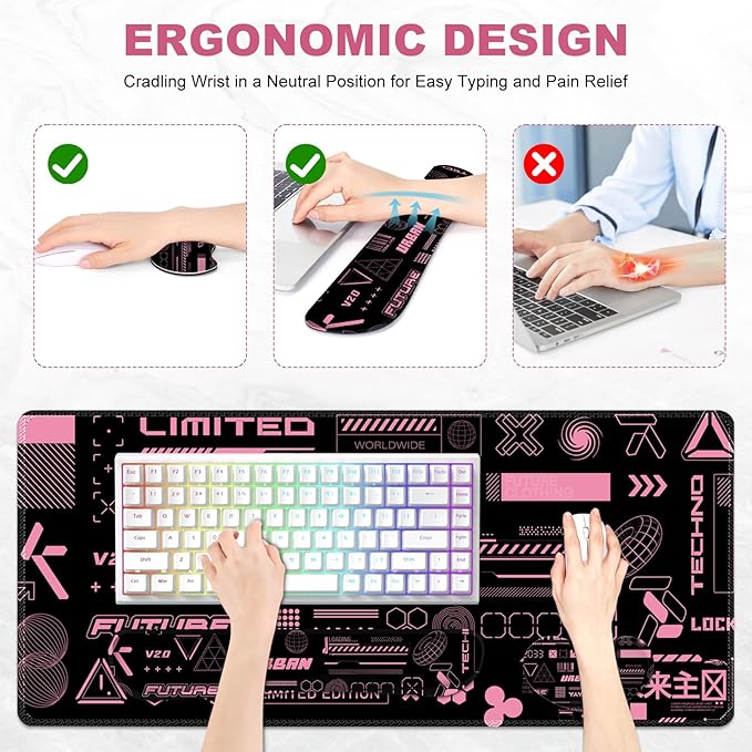 Large Mouse pad for Desk Computer Desk Mat XXL Keyboard Mousepad with Wrist Rest Easy Typing &ampPain Relief Ergonomic Memory Foam Wrist SupportPink Future 2033