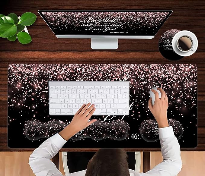 Large Black Mouse Pad Gaming Mouse Pad Memory Foam Keyboard Wrist Rest Office Desk Pad with Stitched Edges Laptop Desk Table ProtectorPsalm 46:10 Rose Gold Glitter Writing Mat Extended Desk Mat