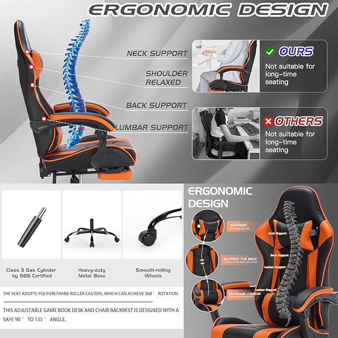 Gaming Chair with Footrest Ergonomic Computer Seating Massage Lumbar Support Height Adjustable PU Leather Reclining Video Game Chairs for Adults Office (Black+Orange)