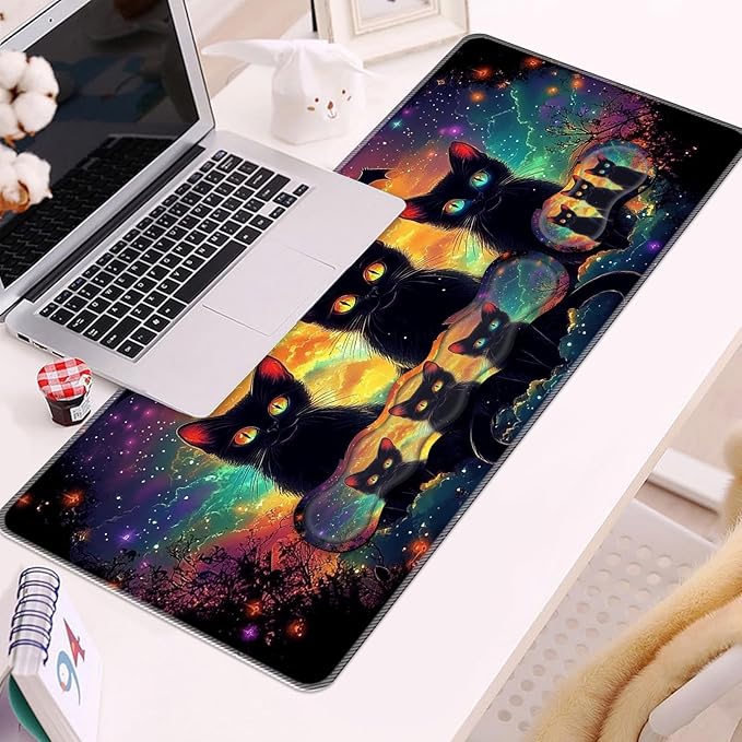 Keyboard Wrist Rest and Mouse Pad Set31.5x11.8 Inches Desk MatWaterproof Non-Slip Ergonomic Wrist Support for Pain ReliefExtended Desk Protector for Office Home GamingCute Black Cats