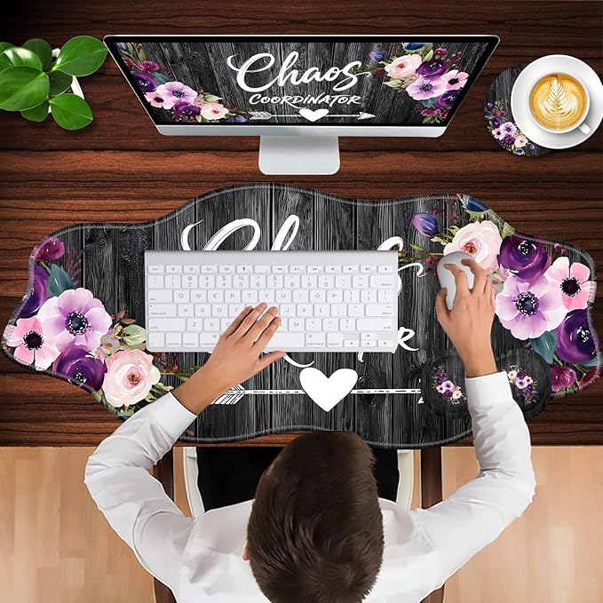 Mouse Pad with Wrist Support + Desk Mat + Coaster 3 in 1 Set XXL Large Gaming Mousepad Ergonomic Mouse Pads for Desk Computer Laptop OfficeChaos Coordinator Quotes Vintage Watercolor Floral