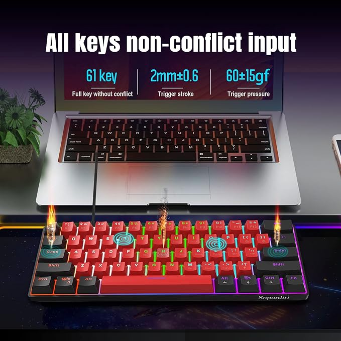 Snpurdiri 60% Wired Mechanical Gaming Keyboard LED Backlit 60 Percent Gaming Keyboard for Windows Laptop PC Mac (Black-Red Blue Switches)