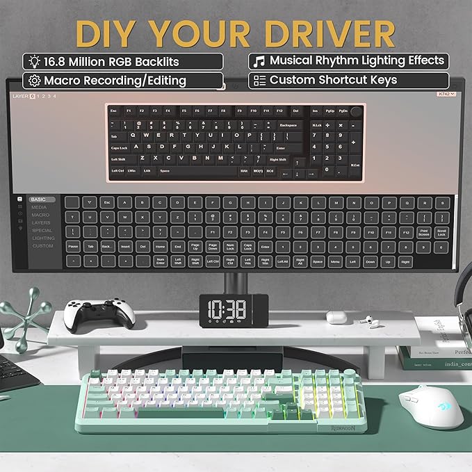 Redragon K742 Wireless Mechanical Gaming Keyboard with Knob Bluetooth 5.0/2.4GHz/USB C Wired Creamy Keyboard with Number Pad for PC Computer RGB Backlits Hot-Swappable with Linear Switches (Green)