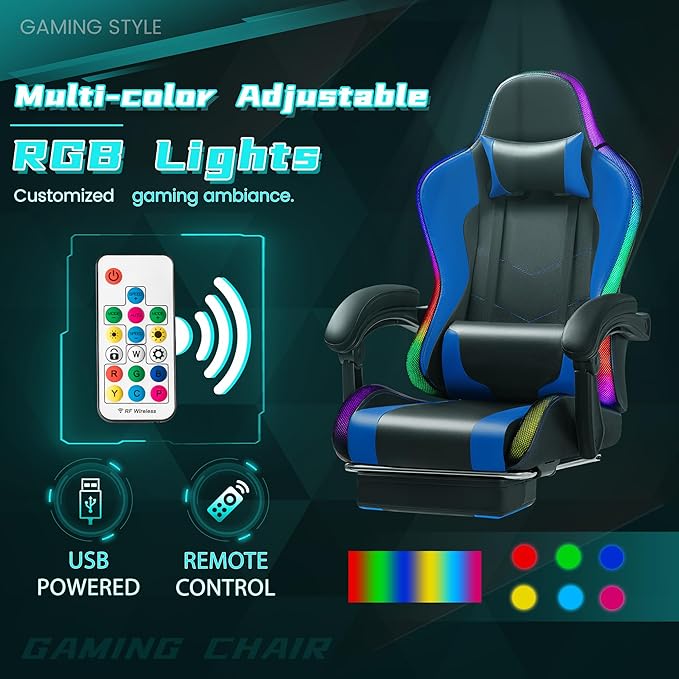 Gaming Chair with RGB Computer Gaming Chairs with LED Lights and Footrest for Home Office Blue and Black