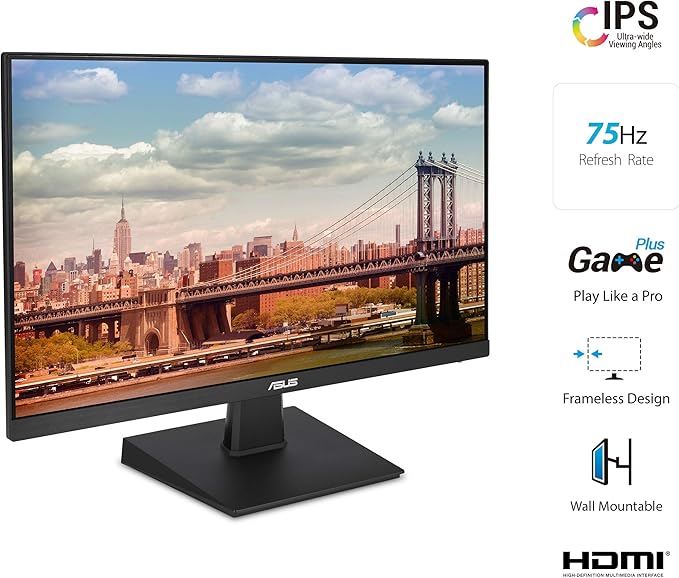 ASUS 27 Inch Desktop Monitor - Full HD (1920 x 1080) IPS 75Hz Adaptive-Sync HDMI D-Sub Frameless - VA27EHE