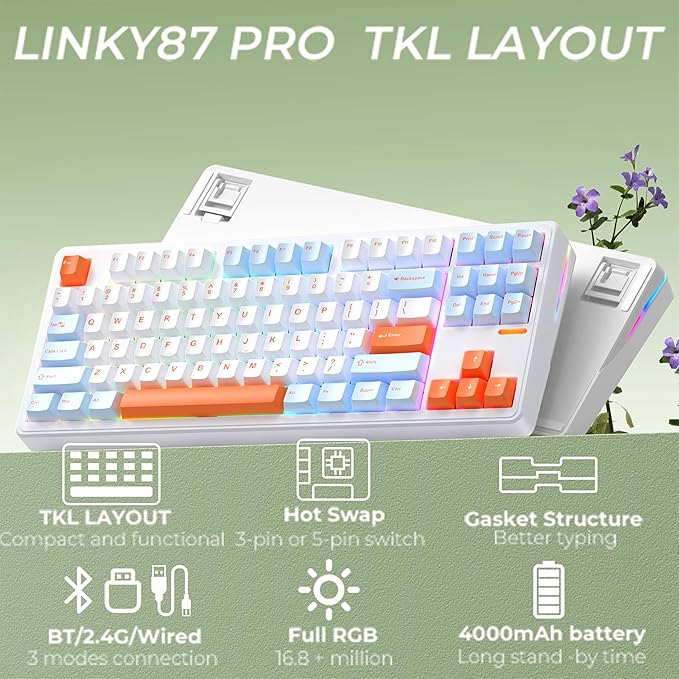 Linky 87 PRO Wireless Mechanical KeyboardTri-Mode BT5.0/2.4GHz/USB-C Hot Swappable Custom Keyboard Linear SwitchesRGB Backlit Computer Gaming Keyboards for PC/Tablet/PS/Xbox (Ocean Sunrise)