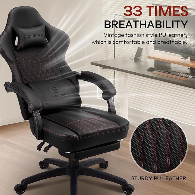 Dowinx Gaming Chair Breathable PU Leather Gamer Chair with Footrest Massage Lumbar Support Big and Tall Ergonomic Reclining Computer Chair with Pocket Spring Cushion for Adults Teens(Black)
