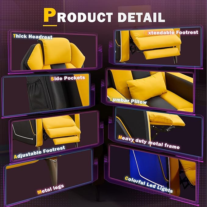 Gaming Recliner Chair with LED Lights Racing Style Big and Tall PU Leather Gaming Chair for Adults Lumbar Support Modern Ergonomic Comfortable Home Theater Seating for Living Room (Yellow)