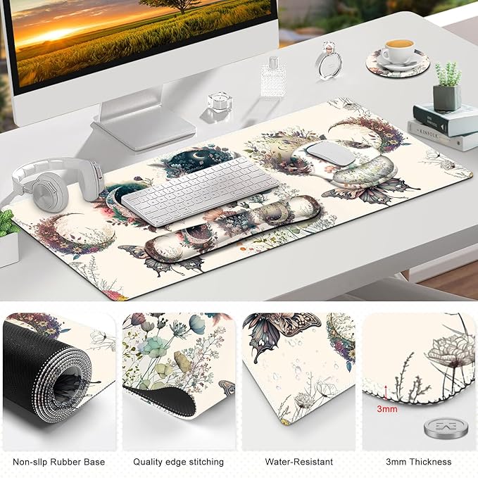 Large Desk Mat Cute Boho Plants Mouse Pad Apricot Desk Pad XXL Mousepad + Keyboard Wrist Rest+Mouse Wrist Rest+Coaster Desk Pad for Girl Women Home Office Decor Aesthetics Floar Butterfly Moon