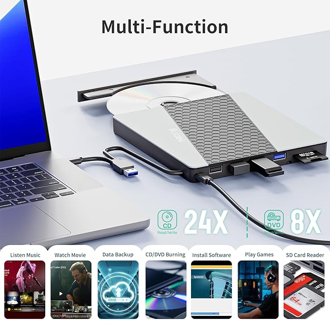 External CD DVD Drive USB 3.0 USB C Portable CD DVD +/-RW Burner DVD Player for Laptop with SD/Micro SD Card Reader 8 in 1 Hub Compatible with Laptop Mac PC Windows Linux