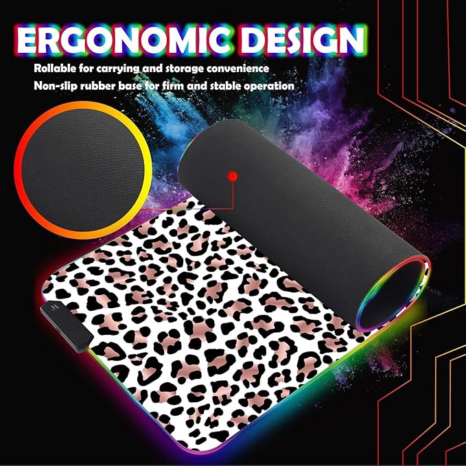 Customized RGB Gaming Mouse Pad and Coffee CoasterLarge Glowing Led Anti-Slip Rubber Base Computer Keyboard Desk Mouse Mat 31.4x11.8 InchLeopard Print