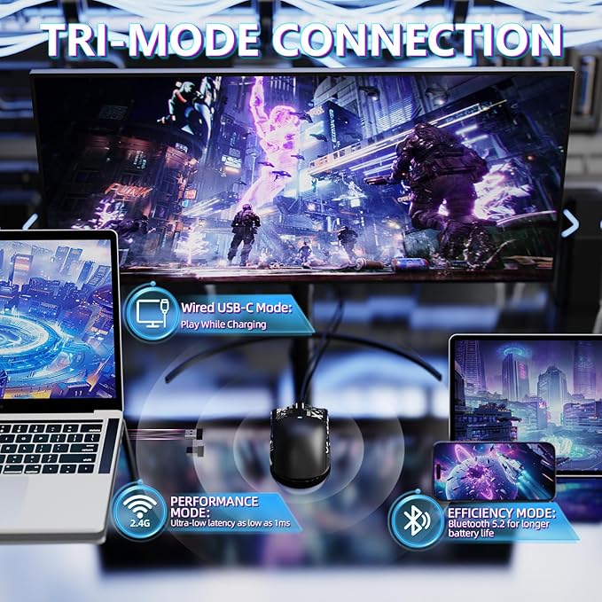 MAMBASNAKE Attack Shark X11SE Lightweight Wireless Gaming Mouse Tri-Mode 2.4G/USB-C Wired/BT 22K DPI PAW3311 Optical Sensor 59g 5 Programmable Buttons 300mAh Battery for PC/Mac(Black-Griptape)