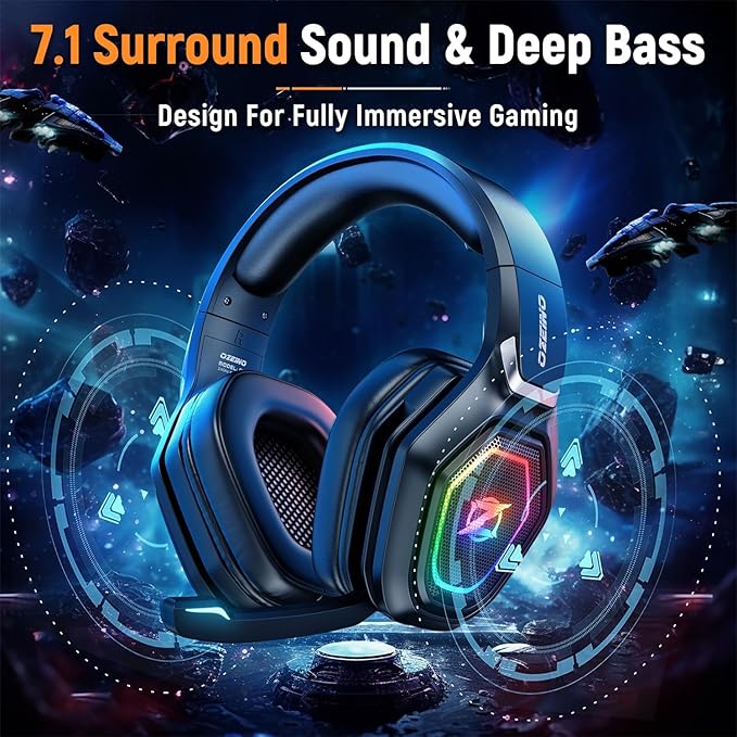 Ozeino Wireless Gaming Headset with Flip Microphone RGB Lighting Gaming Headphones for PS5 PS4 PC - 2.4GHz USB &amp Type C Transmitter