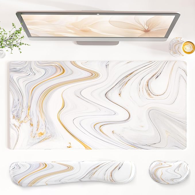 QiyI Leather Desk Mat Set 4-in-1 Large Mouse Pad with Wrist Rest Non-Slip Desk Pad + Keyboard Wrist Rest + Mouse Wrist Support + Coaster Office Desk Accessories Home Decor Supplies Marble Stripes