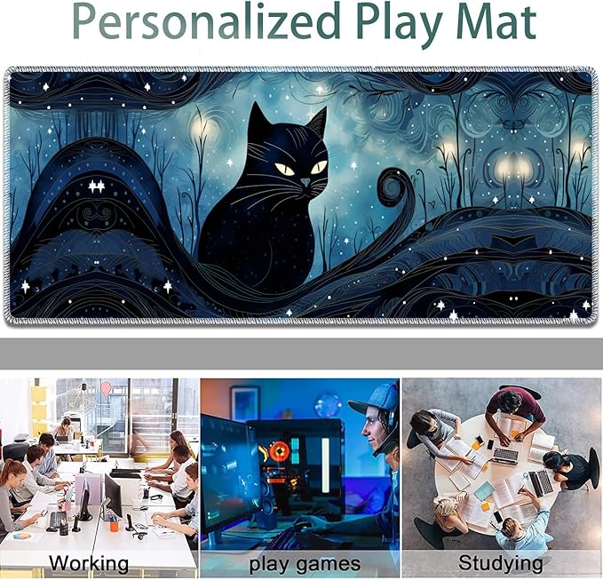 Large Gaming Mouse Pad + Keyboard Wrist Rest + Wrist Support + Coaster Set Memory Foam Ergonomic for Easy Typing XXL Extended Gaming Mouse Pad Table Pad - A Cat in The Moonlight