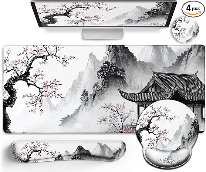 Japanese Ergonomic Mouse Pad Large Desk Mat Set XXL Anime Mousepad with Wrist Rest Wrist Support Gaming Keyboard Mat Cup Coaster Set Japanese Style Office Desk Accessories Decor