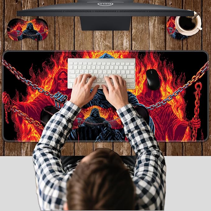 Ergonomic Keyboard Wrist Rest &amp Mouse Pad Wrist Rest SetXL Gaming Desk Mat 31.5x 11.8Non-Slip BaseMemory FoamEasy Typing Pain Relief for Office &amp HomeSkull with Flames