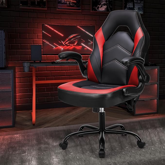 DUMOS Computer Gaming Home Office Chair - Ergonomic Big and Tall Desk with PU Leather Lumbar Support Height Adjustable High Back Video Game with Flip-up Armrest Swivel Wheels for Adults and Teens