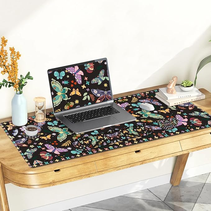 Desk Mat Pad Gaming Mouse Pad Wrist Support Set 4 in1 Non-Slip XXL Large Mousepad + Ergonomic Keyboard Wrist Rest+Mouse Wrist Rest+Coaster for Home Office Computer I Colorful Butterfly