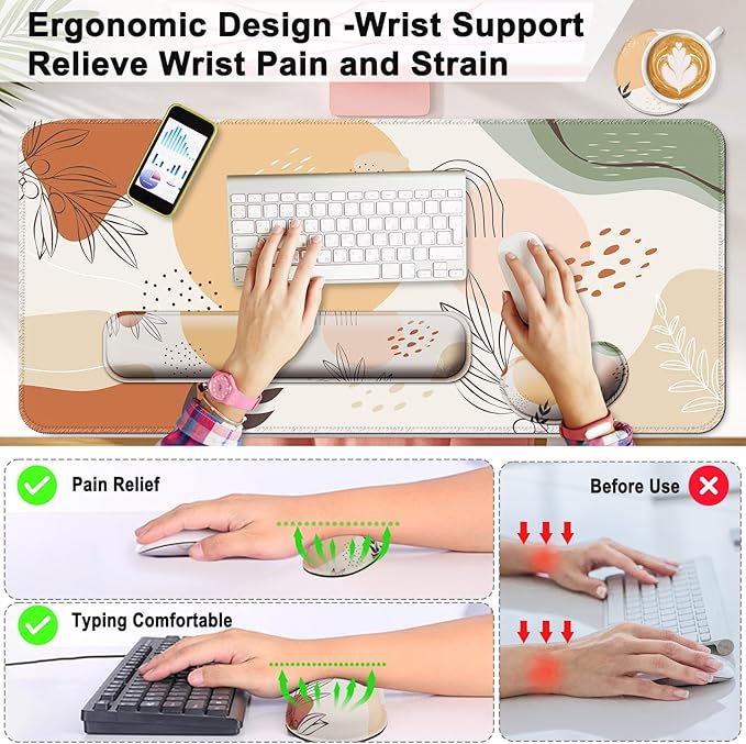 Keyboard Wrist Rest + Mouse Pad with Wrist Support + Desk Mat + Coaster 4 in 1 Set XXL Large Gaming Mousepad Cute Ergonomic Mouse Pads for Desk Computer Laptop Office Decor-Boho Leaves