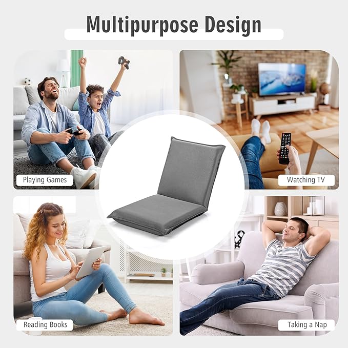S AFSTAR Adjustable Floor Chair Cushioned Lounger Recliner with 6-Position Comfortable Back Support &amp Thick Padded Lazy Sofa Floor Gaming Chair Floor Seat for Gaming Reading Meditation (Grey)