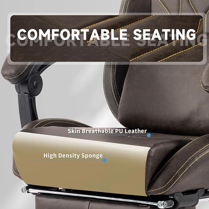 Brown Gaming Chairs with Footrest PVC Leather Video Game Chair for Adults Ergonomic Gaming Chair with Headrest &amp Lumbar Support Reclining Gamer Chairs with Adjustable Backrest (Brown)