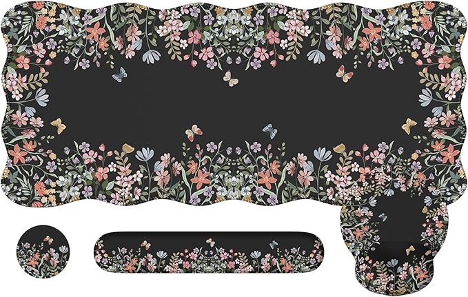 iLeadon Floral Desk Cover Mat Cute Ergonomic Mouse Pad and Keyboard Wrist Rest Smooth Mouse Pad Set Non Slip Scalloped Desk Pad Mat for Keyboard and Mouse Set Women Aesthetics(Black)