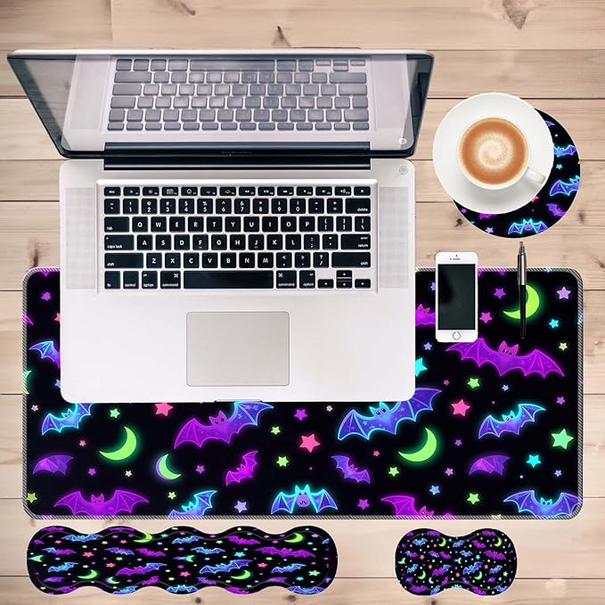 Keyboard Mouse Pad SetLarge Desk Pad+Keyboard Wrist Rest+Mouse Wrist Support+CoasterEasy Typing Pain Relief Non-Slip Wrist Support Mousepad Set Home OfficeGlowing Bats