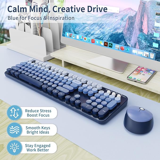 Wireless Keyboard and Mouse Combo Retro Typewriter Keyboard with Round Keycaps Full-Size Ergonomic Blue Ideal for Windows PC Home Office and College Wireless Keyboard Mouse Combo
