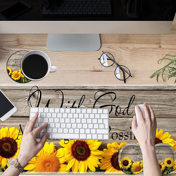 Large Game Mouse Pad + Wrist Support Pad + Coffee Coaster Sunflower Quote Matthew 19:26 Foldable Table Mat with Stitched Edge Non-Slip Set Pad Suitable for Office Work and Home