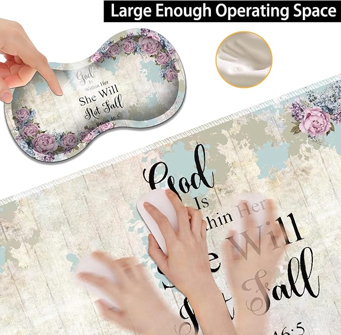3-in-1 Large Mouse Pad Gaming Set (31.5 x 11.8 inch)+ Wrist Rest Pad + Coaster Memory Foam Gel Wrist Rest Pad for Pain Relief Stitched Edges Non-Slip Table Mat Psalm 46:5 Floral