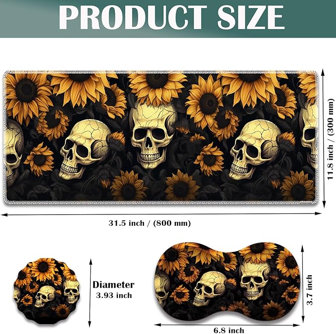Large Game Mouse Pad + Wrist Support Pad + Coffee Coaster Desk Pad with Sewn Edges Anti-Slip Set pad Suitable for Office Work and Home - Sunflower Skull