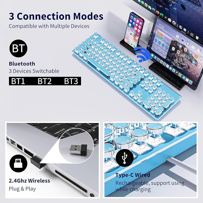EWEADN TK950 Typewriter Keyboard Wireless Mechanical Keyboard 104 Keys Aesthetic Typewriter Keyboards with White Backlit Anti-Ghosting Blue Switch Bluetooth/2.4GHz/Wired Keyboards-Blue