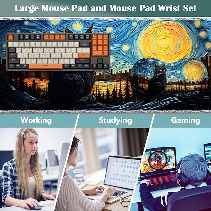 Large Game Mouse Pad + Wrist Support Pad + Coffee Coaster Desk Pad with Sewn Edges Anti-Slip Set pad Suitable for Office Work and Home - Art Moon Starry Night