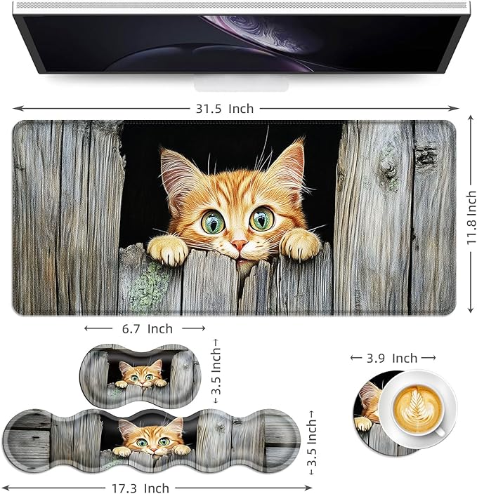 Keyboard Mouse Pad Set Extended Gaming Mouse Pad+Ergonomics Keyboard Wrist Rest Support Memory Foam Easy Typing Pain Relief 4Pcs XL Ultra Thick Desk MatCute Kitten
