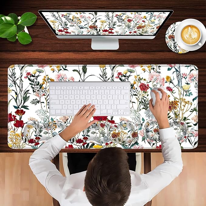 Keyboard Wrist Rest and Mouse Pad with Wrist Support Set Ergonomic CoasterMemory FoamEasy Typing Pain ReliefLarge XL Desk Mat 31.5x 11.8Beautiful Floral