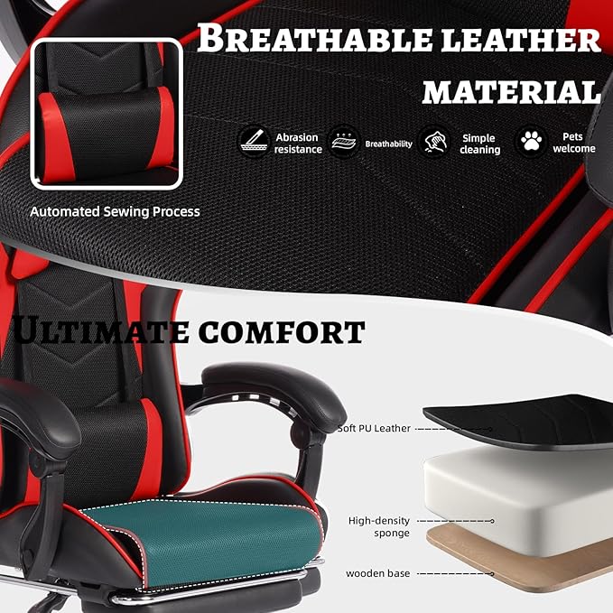 CZBZ E-Sports Gaming Chair with Massage Function Sports Car Style PU Leather Seat Ergonomic Headrest &amp Lumbar Support Foldable Footrest Red
