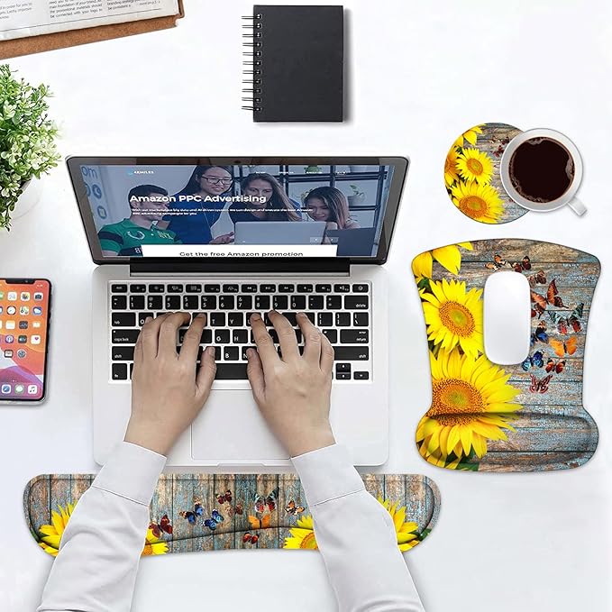 Keyboard Wrist Rest and Mouse Pad Wrist Support Set with Coasters Non-Slip PU Base Ergonomic Gaming Mousepad for Computer Laptop Home Office Easy Typing &amp Pain Relief - Sunflower and Butterfly