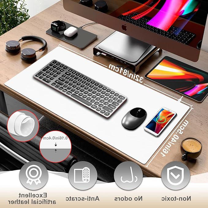 Desk Mat with Wireless Charging White Mouse Pad with Wireless Charger Desk Pad Matt for Desktop Mousepad Gaming Large Mouse Pad Leather Compute for Keyboard and Mouse 32 x 16