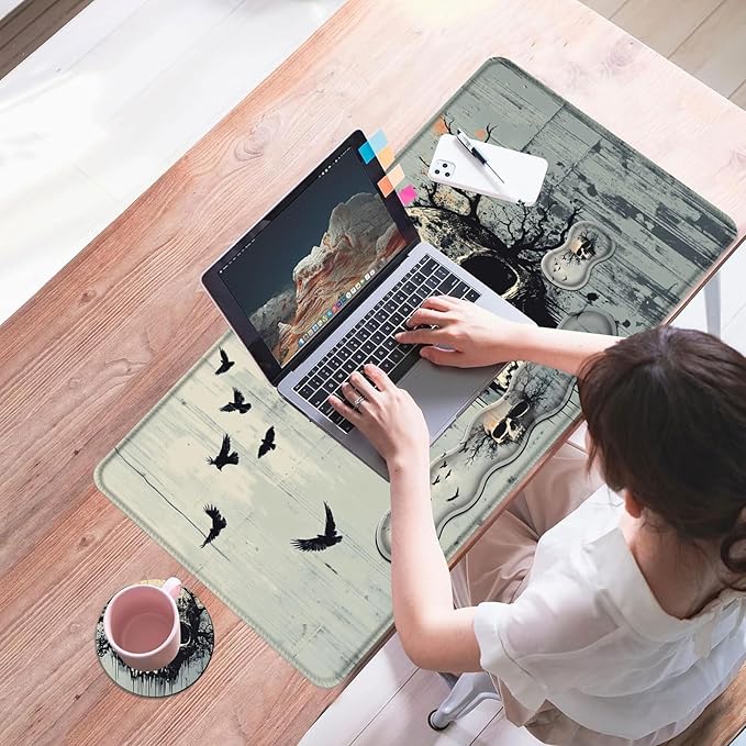 Mouse PadLarge Desk Mat Set 4in1 XL Mousepad + Keyboard Wrist Rest+Mouse Wrist Rest+Coaster with Ergonomic Desk Pad for Home Office Table Computer Cover -Skull with Branches and Crows