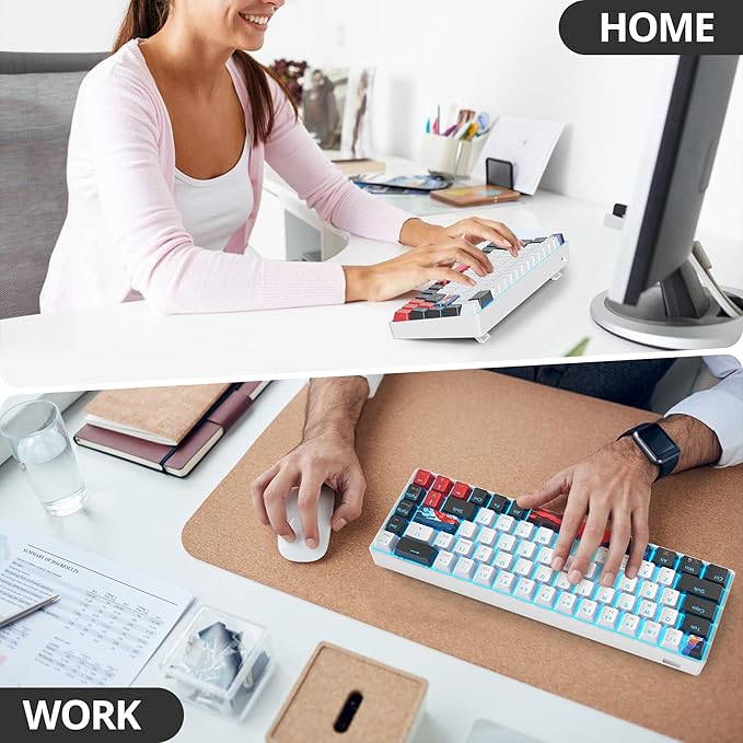 Protable 60% Percent Gaming Keyboard Mechanical Mini Compact Ice-Blue LED Backlit 68 Keys Wired Office Keyboard with Red Switch for Mac/Win/PS4/PS5（68White/red Switch）