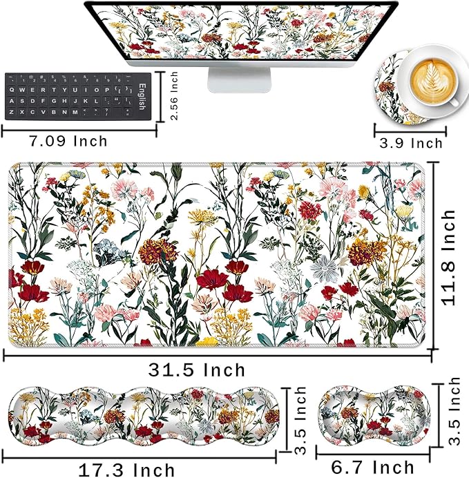 Keyboard Wrist Rest and Mouse Pad with Wrist Support Set Ergonomic CoasterMemory FoamEasy Typing Pain ReliefLarge XL Desk Mat 31.5x 11.8Beautiful Floral