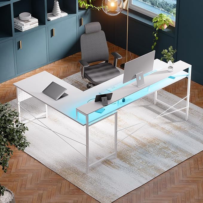 Pamray 64 Inch L Shaped Gaming Desk with Power Outlets and Led Lights Large Corner Computer Desk with Monitor Stand and Pegboard PC Table for Home Office and Bedroom White